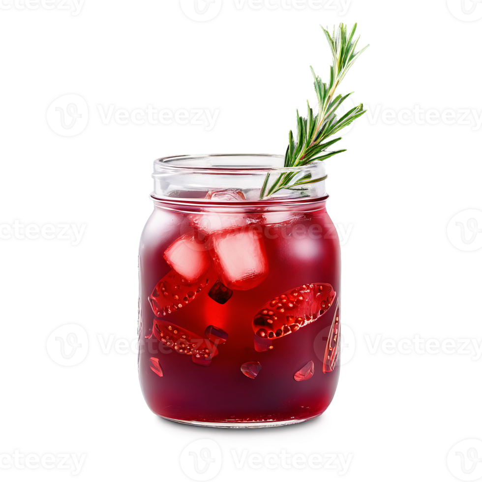 Pomegranate lemonade with floating seeds ice cubes and sprig of rosemary deep red liquid served png