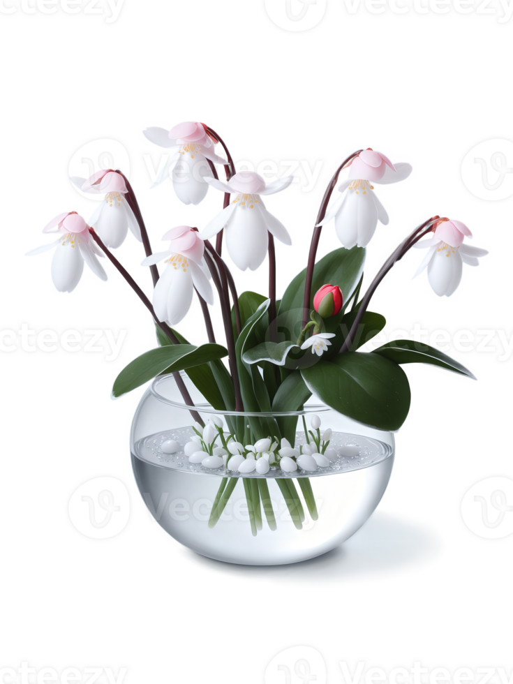 Winter Harmony , Cyclamens Snowdrops Camellias rounded vase with water shimmering like ice, holding a harmonious mix of pink png