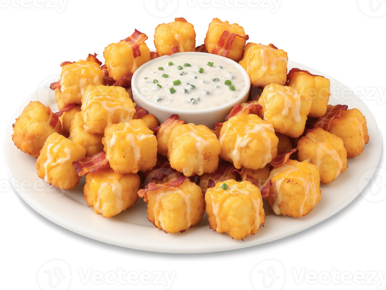 Tater Tots with Cheese and Bacon A plate of crispy tater tots topped with melted cheddar cheese and crumbled bacon. png