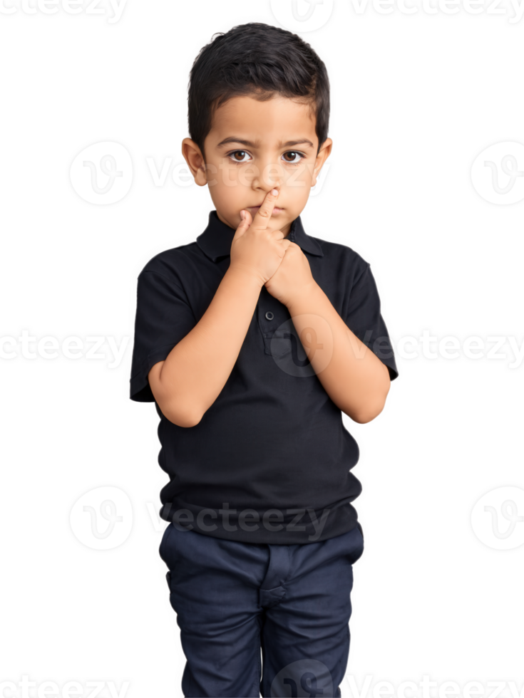 Latino Child with Finger on Chin A Latino child with finger on chin, thoughtful expression, head tilted, bright natural lighting. png