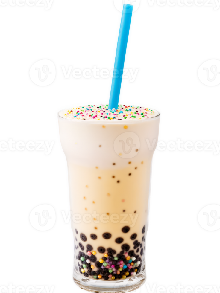 Taiwanese Bubble Tea Milkshake tall glass with wide straw showcasing the colorful tapioca pearls blended png