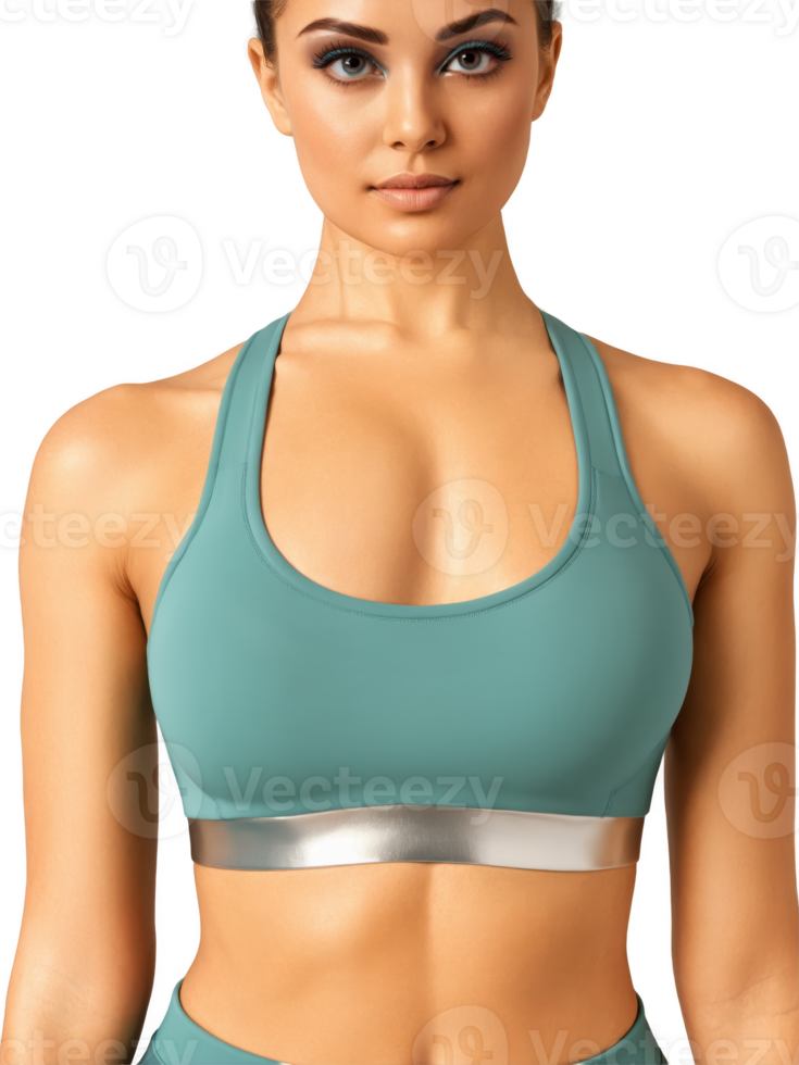luxurious teal sports bra with intricate silver detailing along the straps and neckline. The fabric is soft and supportive, ideal png