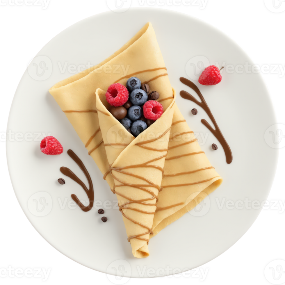 Mocha mousse crepes filled with a silky layer of mocha mousse, topped with a drizzle of caramel sauce, chocolate curls, png