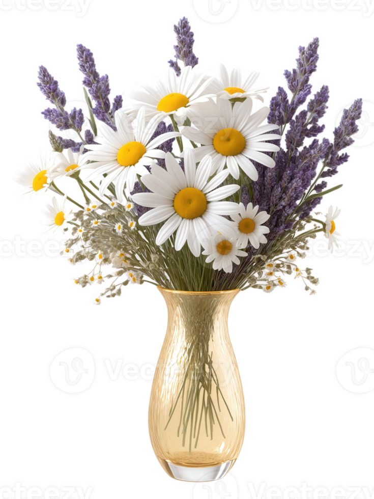 Boho Chic , Wildflowers Daisies Lavender rustic, wide-mouthed vase with water tinted in soft golden hues, holding a carefree png