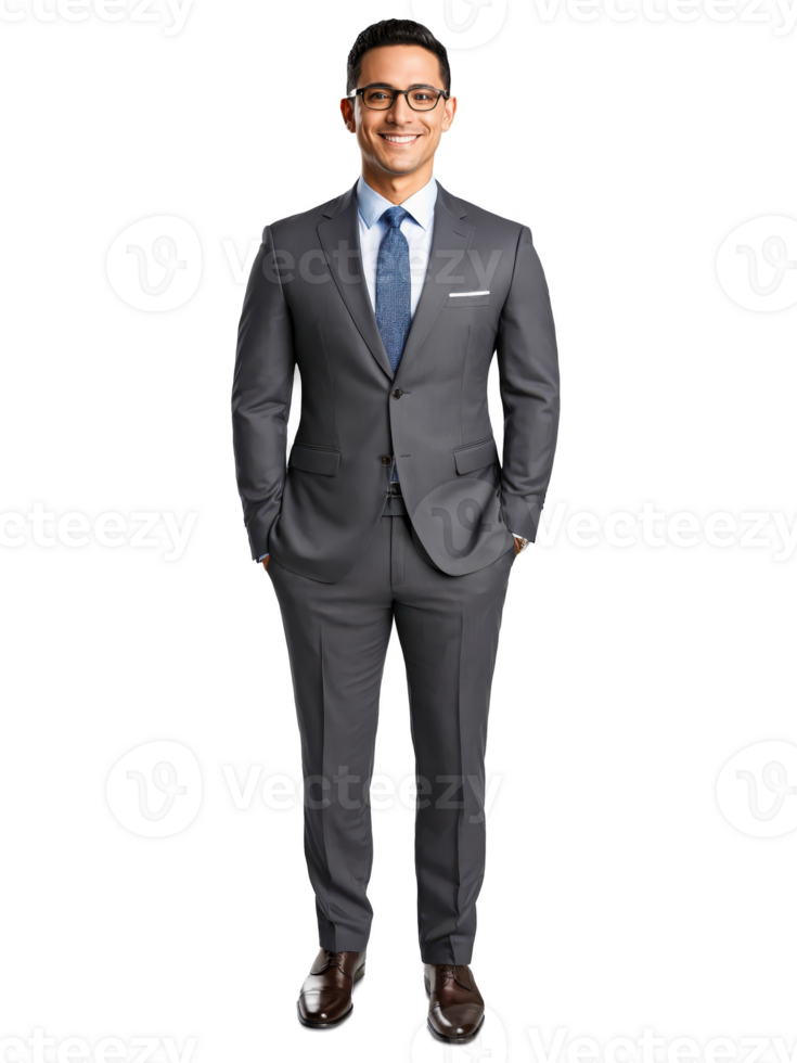 Hispanic man in glasses, confident smile, wearing a suit, direct lighting, transparent background. png