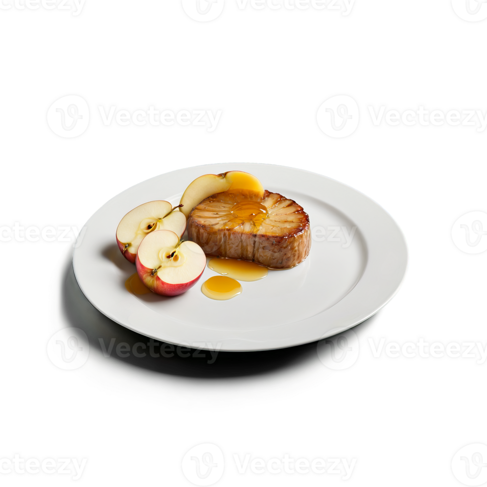 Boudin Blanc sliced into rounds and presented on a white ceramic plate with a few png