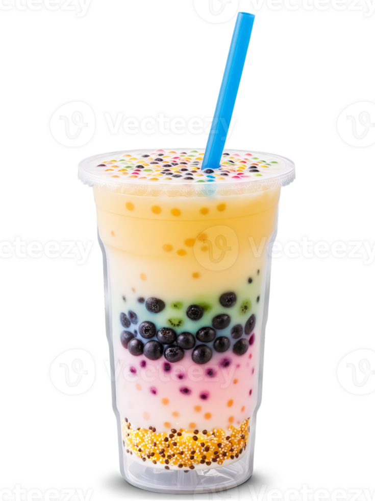 Taiwanese Bubble Tea transparent cup with wide straw showcasing the colorful tapioca pearls and variety png