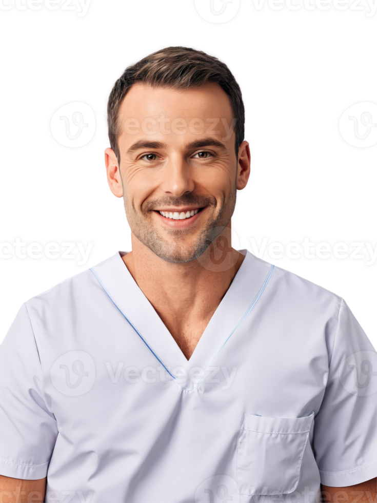 European man aged 30-40 years old, wearing medical uniform, looking happy without glasses, with straight hair and blonde. png