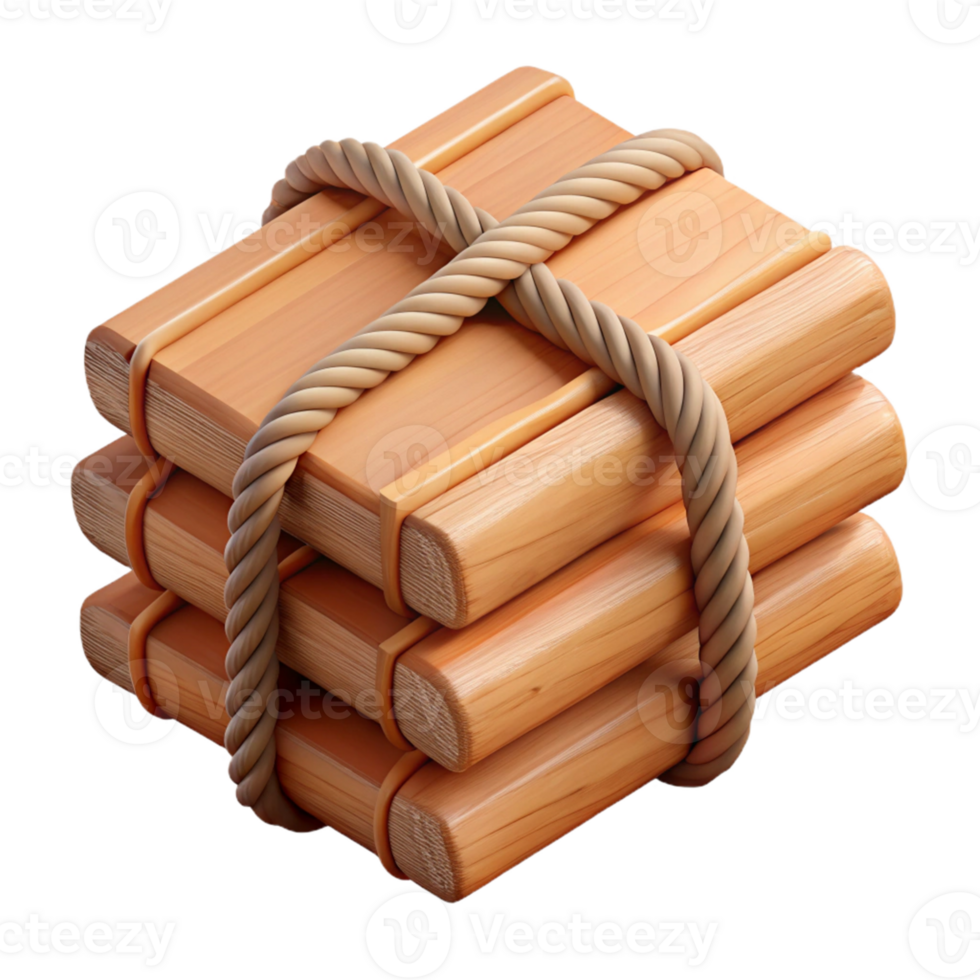 3D Render Stack of Wooden Planks Bound by Rope png