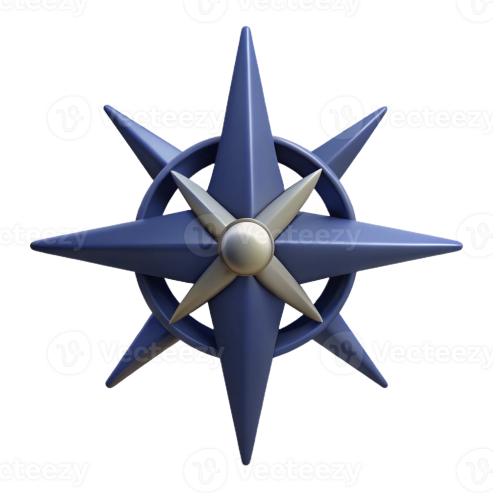 3D Render of a Blue and Silver Compass Star png