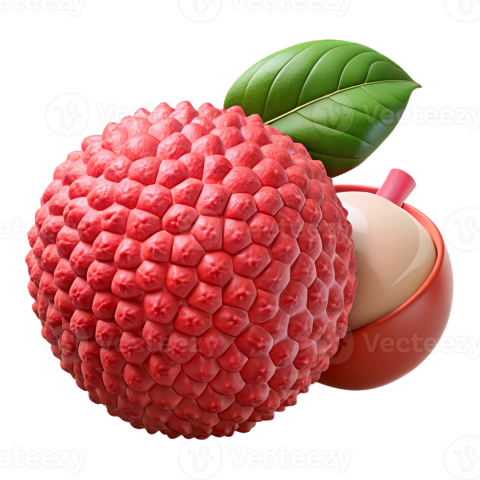 3D Lychee Illustration Red Fruit with Leaf png