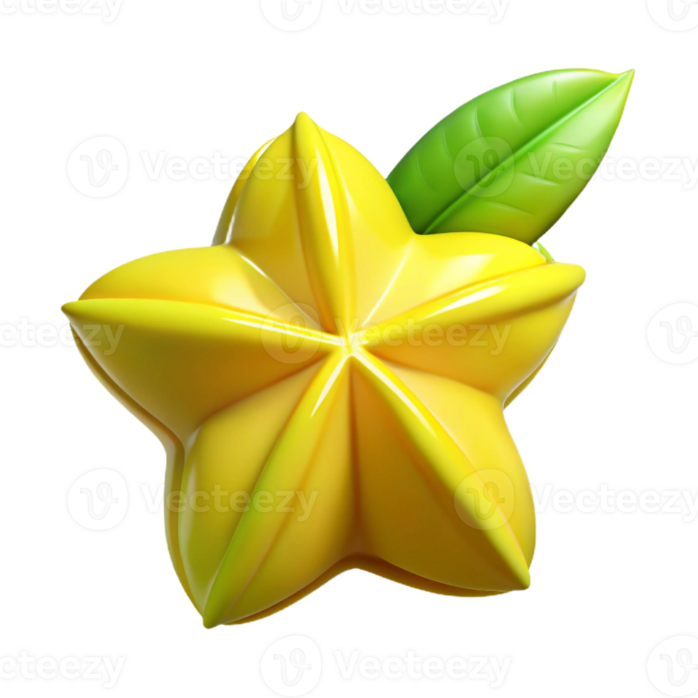 3D Starfruit Illustration, Yellow Fruit with Leaf png