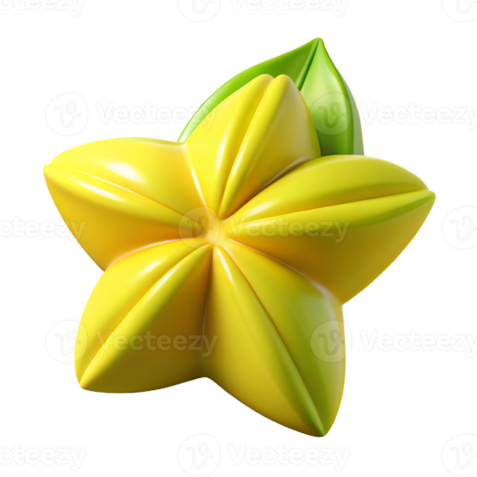 3D Star Fruit Illustration, Yellow Fruit with Green Leaves png