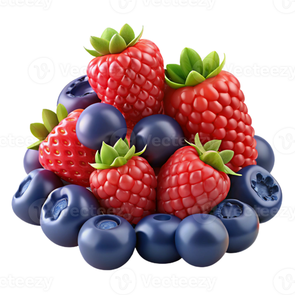 3D Render of Raspberries and Blueberries png