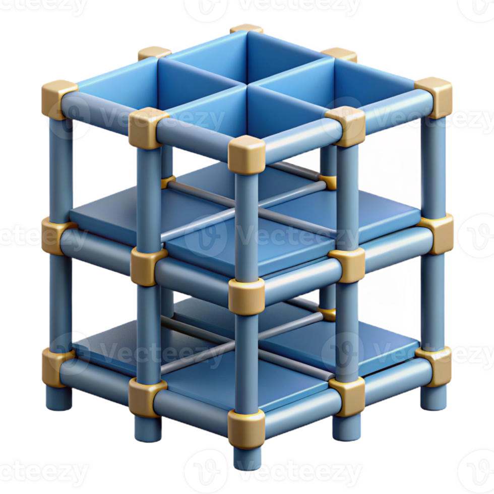 3D Render Blue and Gold Modular Shelf Unit png