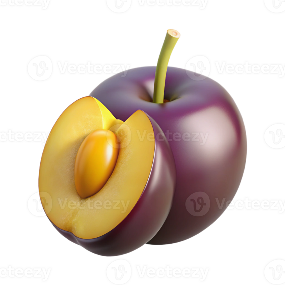 3D Render of a Plum, Halved and Whole png