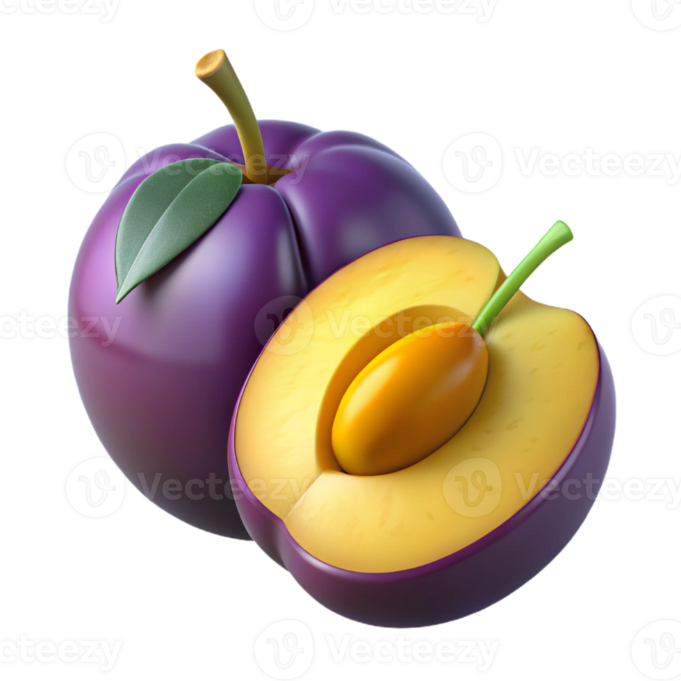 3D Render of Plums, Whole and Halved png
