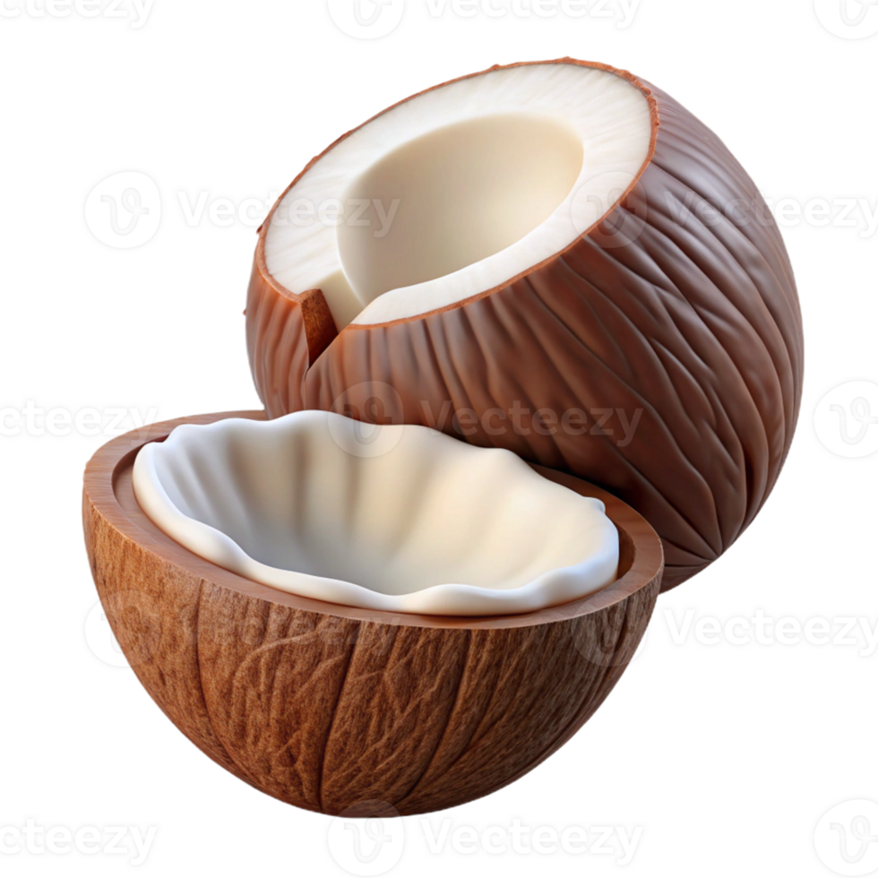 3D Render of a Coconut Halved, Showing White Flesh and Milk png