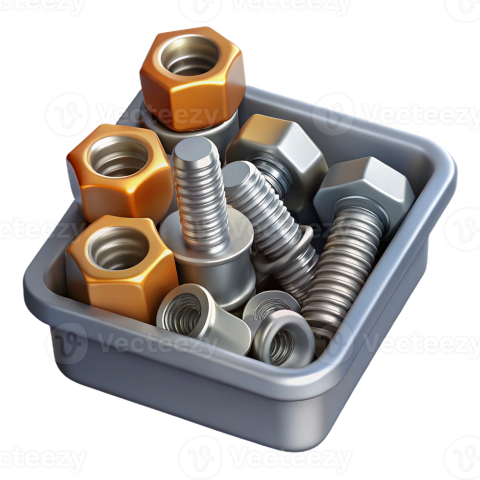 3D Render of Bolts and Nuts in a Tray png