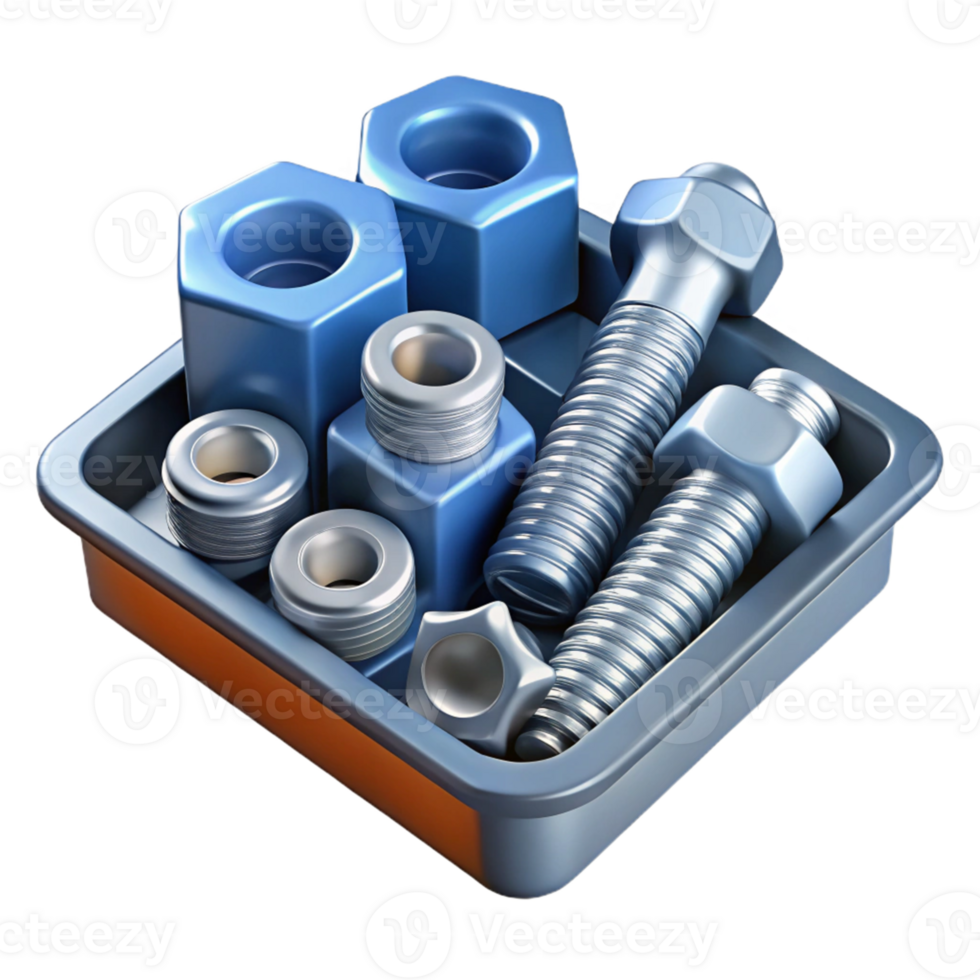 3D Render of Bolts and Nuts in Tray png