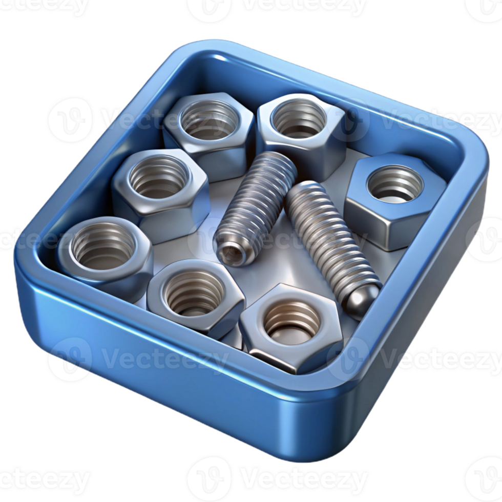 3D Render Blue Box Nuts Bolts png