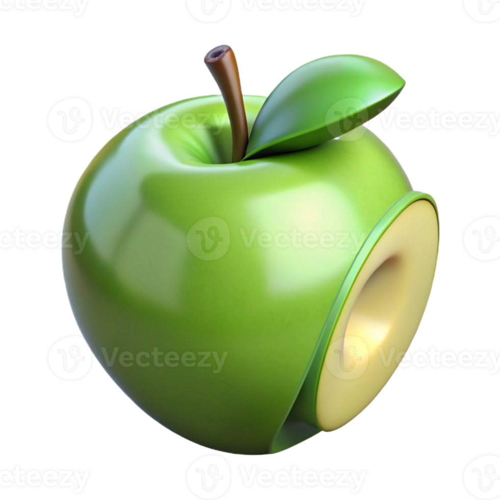 3D Green Apple Illustration, Sliced and Shiny png