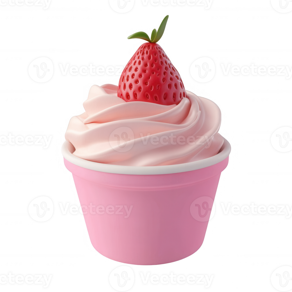 Delicious pink cupcake topped with whipped cream and a fresh strawberry. png
