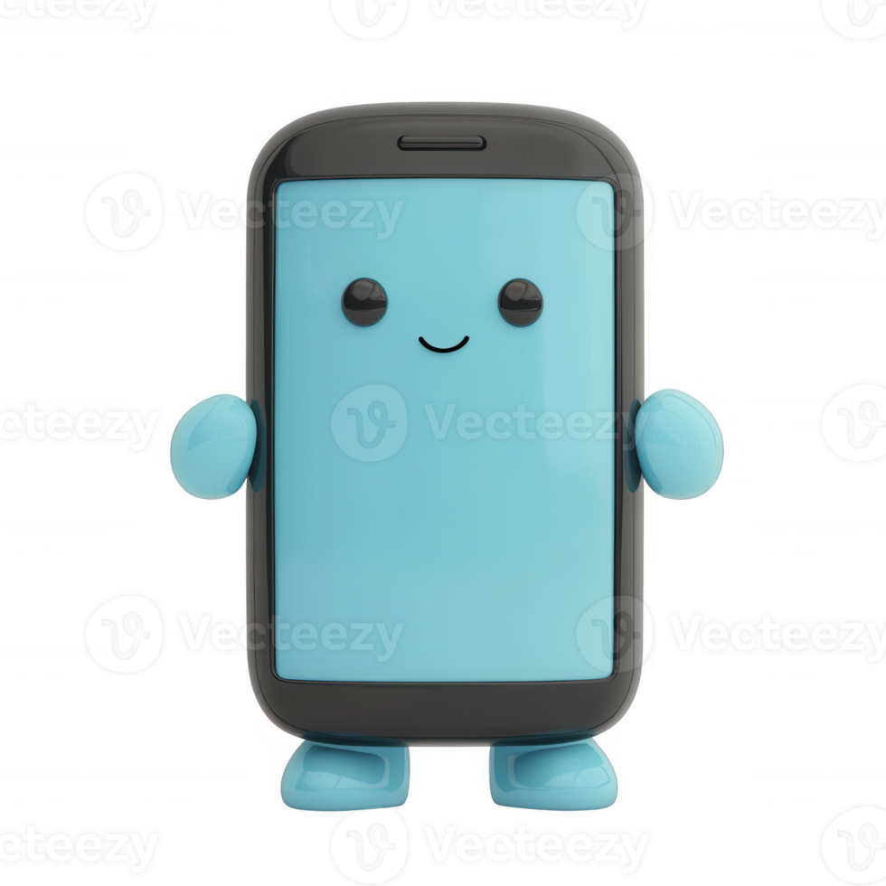 Cute illustration of a smiling smartphone character with vibrant blue colors. png