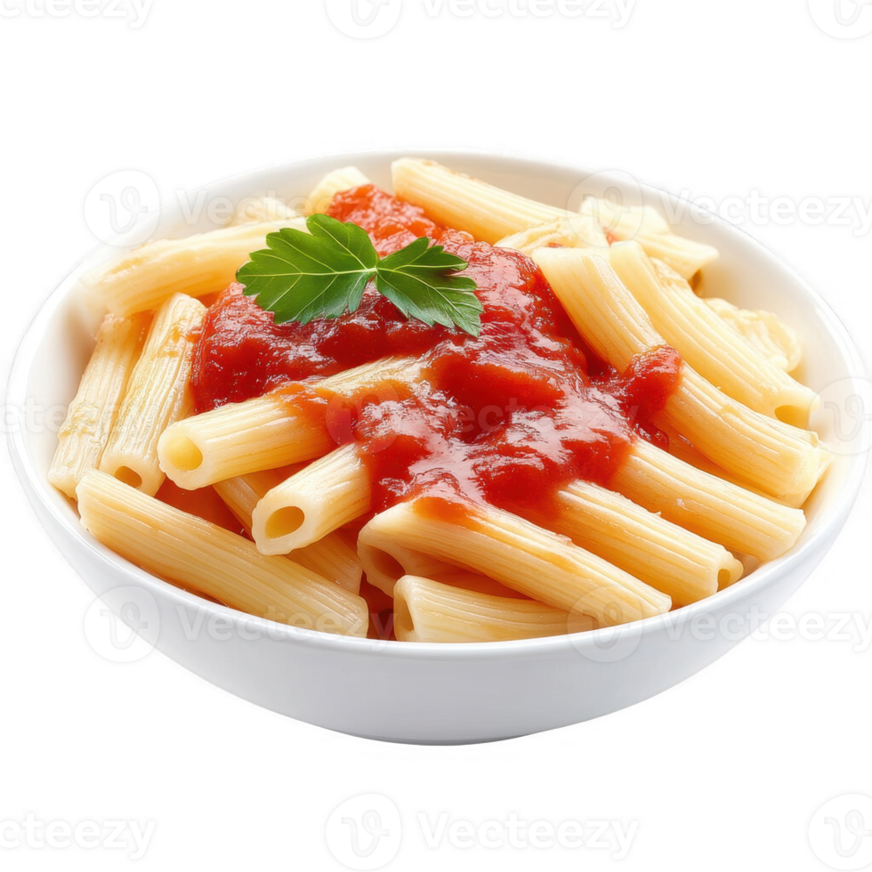Delicious pasta with tomato sauce served in a classic white bowl garnished with parsley. png