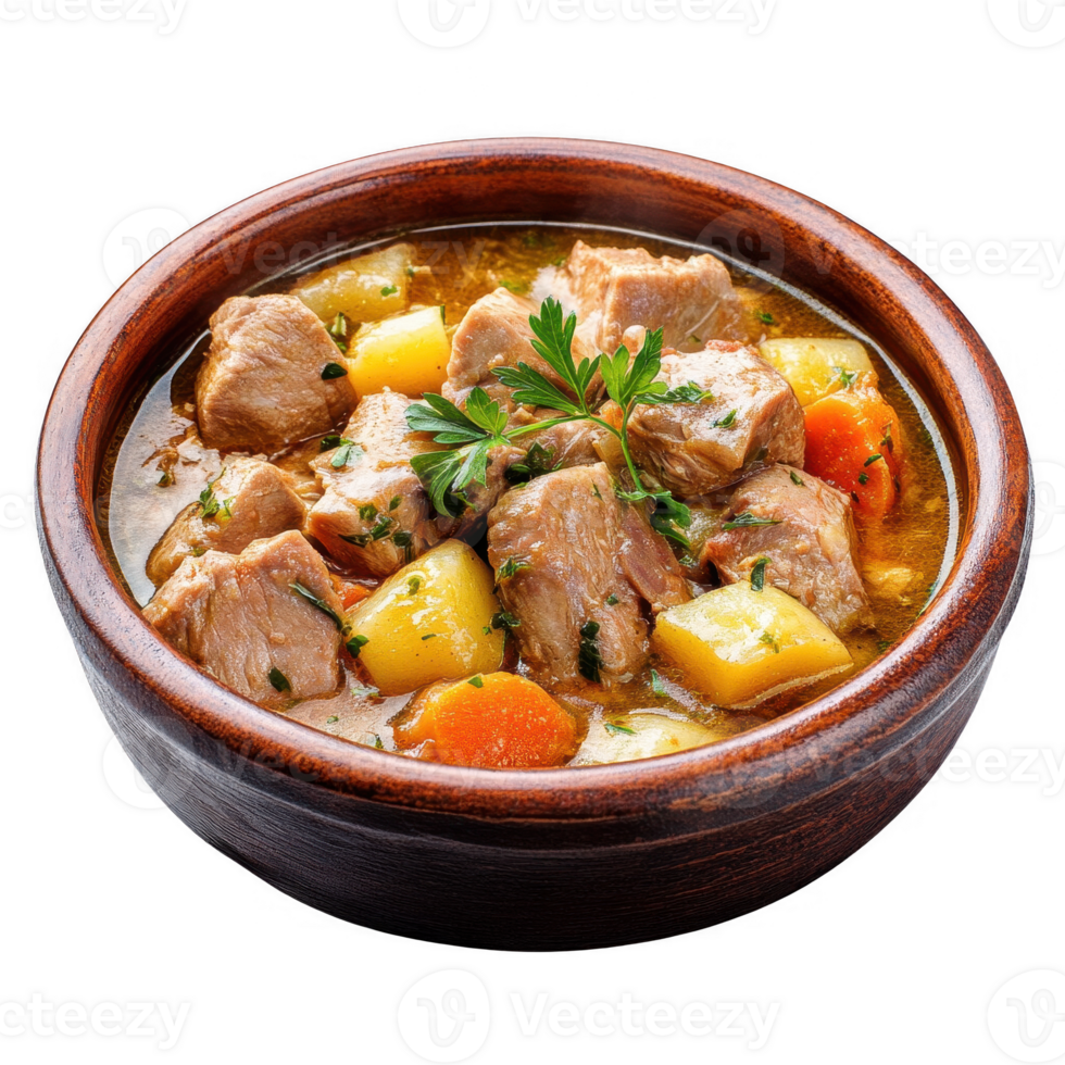 Delicious meat stew with fresh vegetables and herbs in a wooden bowl. png