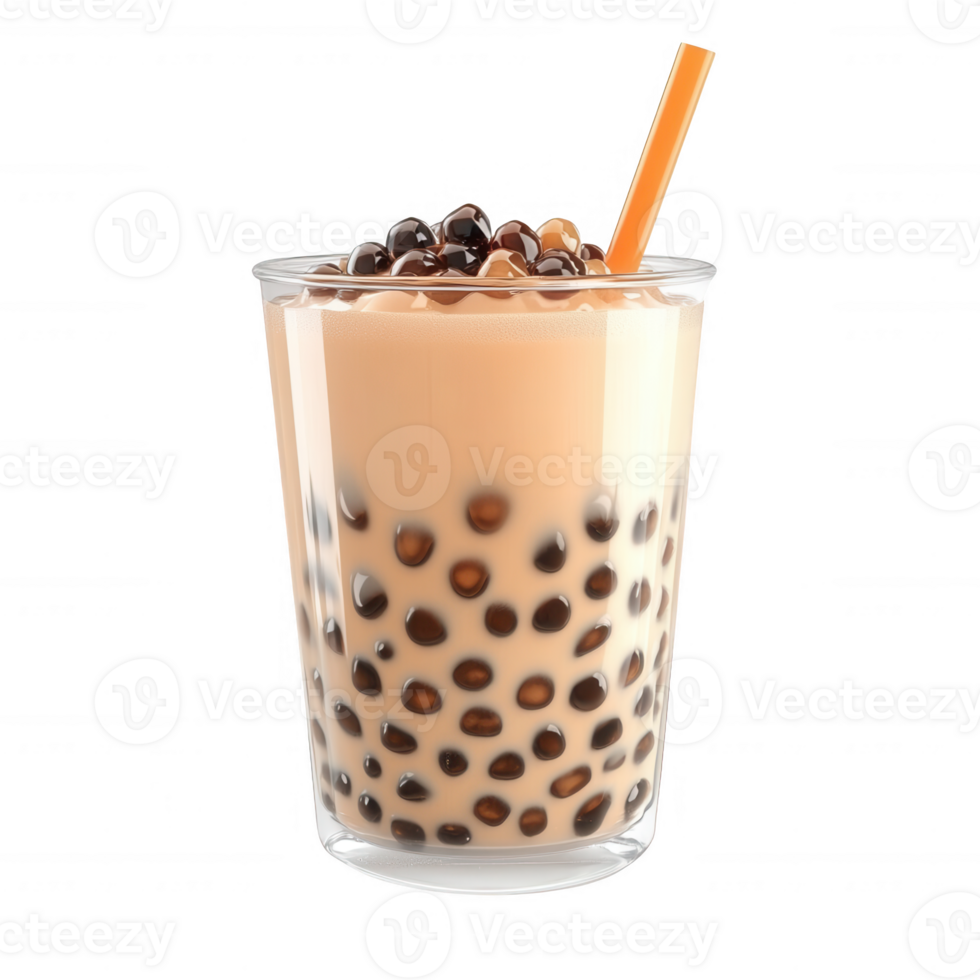 Delicious bubble tea in a glass with a straw, showcasing tapioca pearls. png