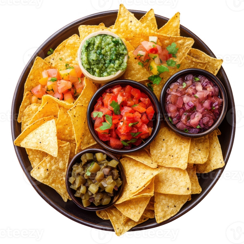 Delicious nachos served with fresh salsa and guacamole in colorful bowls. png