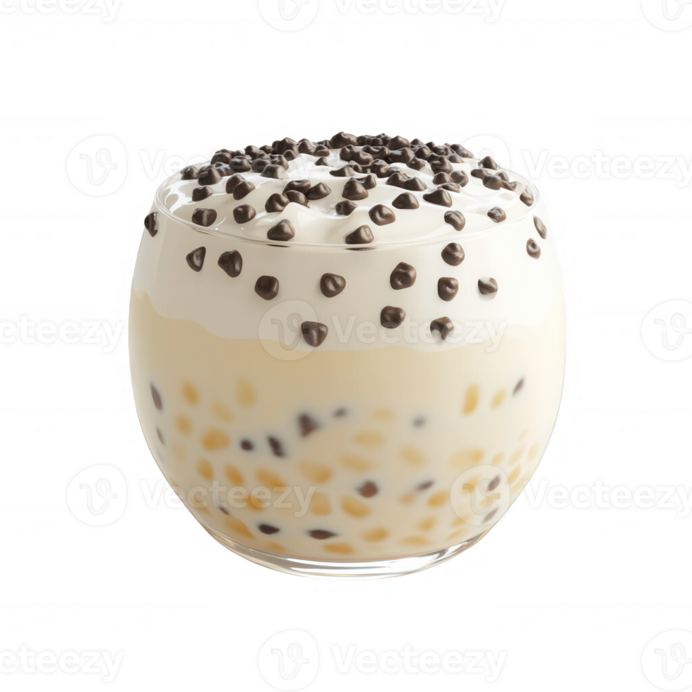Delicious dessert topped with cream and chocolate chips in a clear glass. png