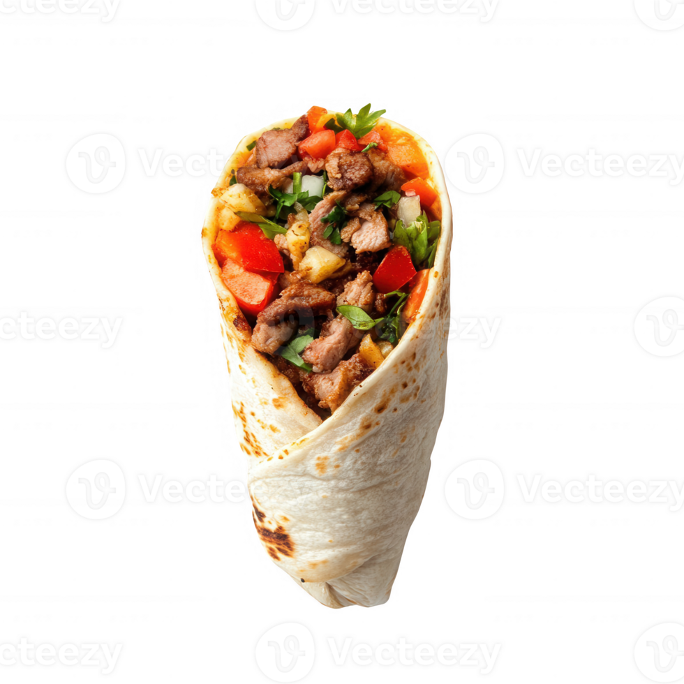 Delicious grilled beef burrito wrapped in a soft tortilla with fresh toppings. png