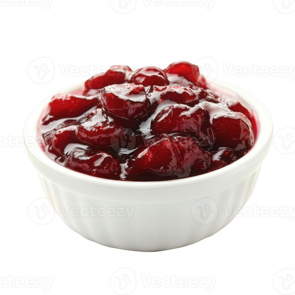 Delicious and sweet cranberry sauce in a white bowl, perfect for holiday meals. png