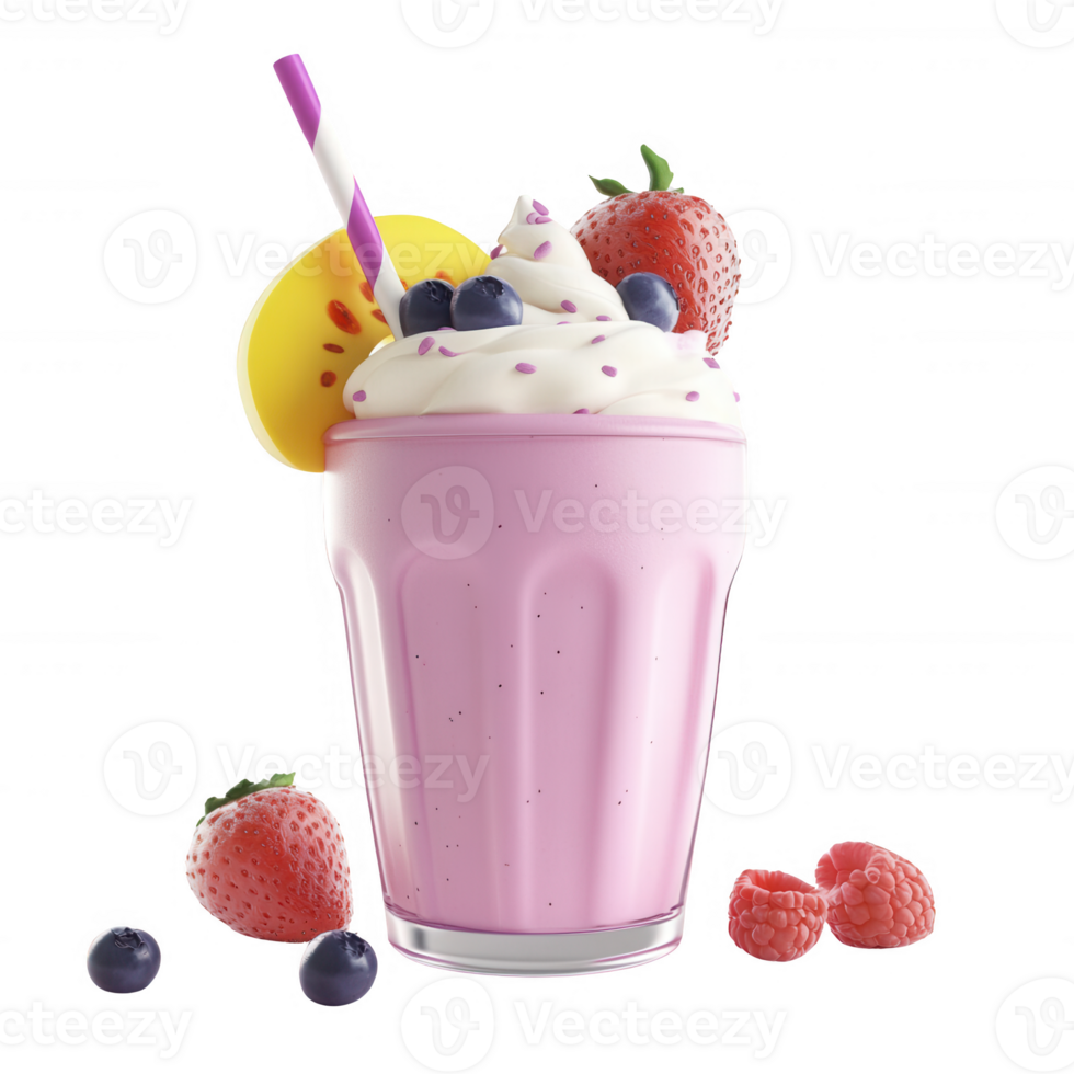 Delicious fruity smoothie topped with whipped cream and fresh berries. png