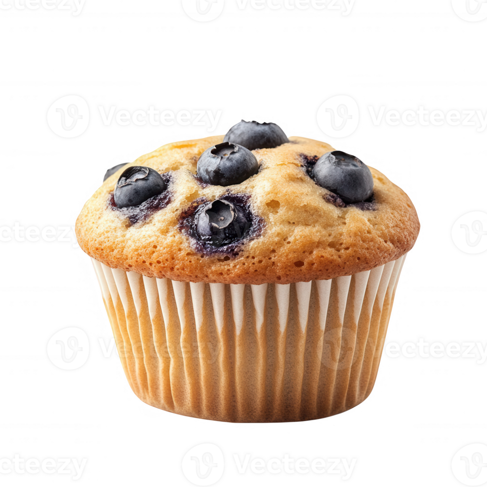 Delicious blueberry muffin with a fluffy texture and fresh blueberries on top. png
