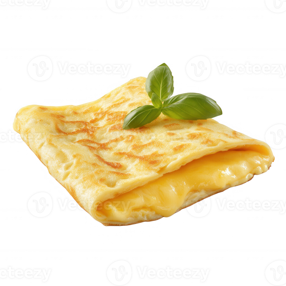 Delicious cheesy omelette garnished with fresh basil, perfect for breakfast or brunch. png