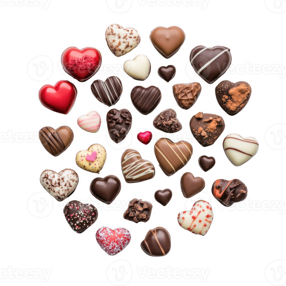 Delicious assorted heart-shaped chocolates in various flavors and textures. png
