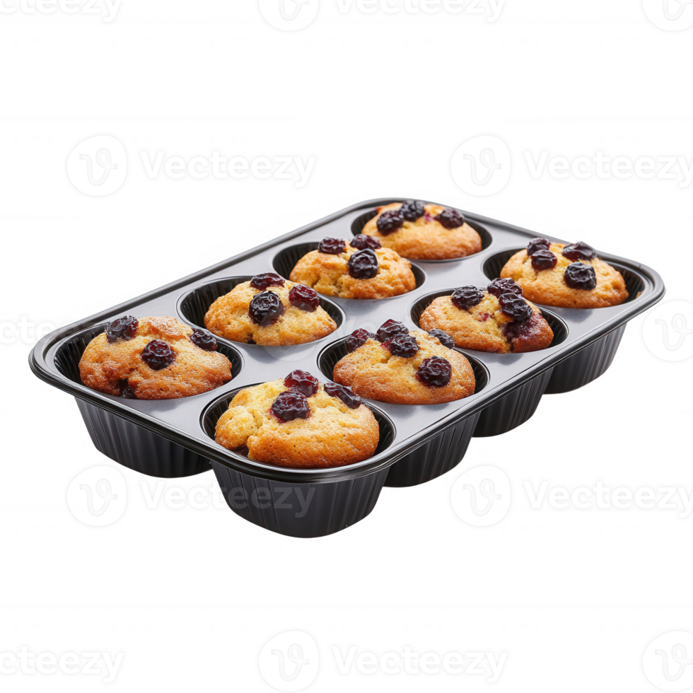 Delicious blueberry muffins in a black baking tray, perfect for breakfast or snacks. png