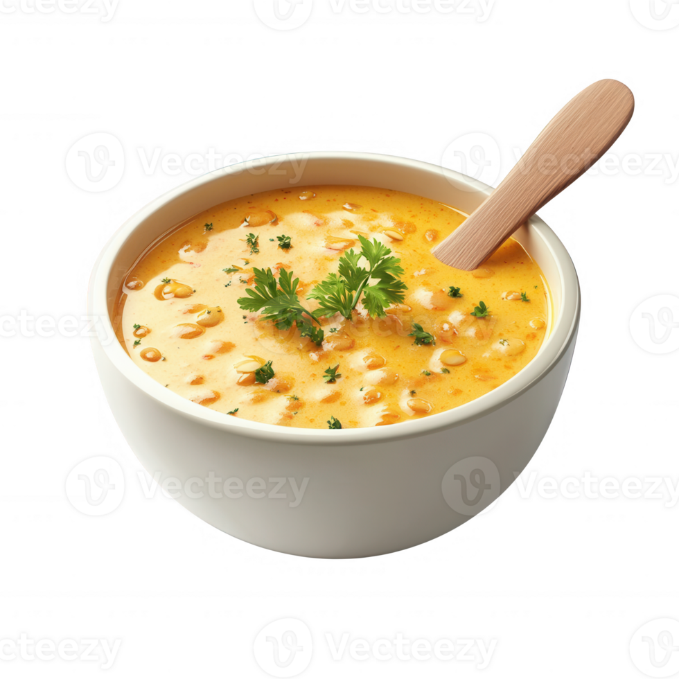 Delicious bowl of creamy soup garnished with fresh herbs and spices. png