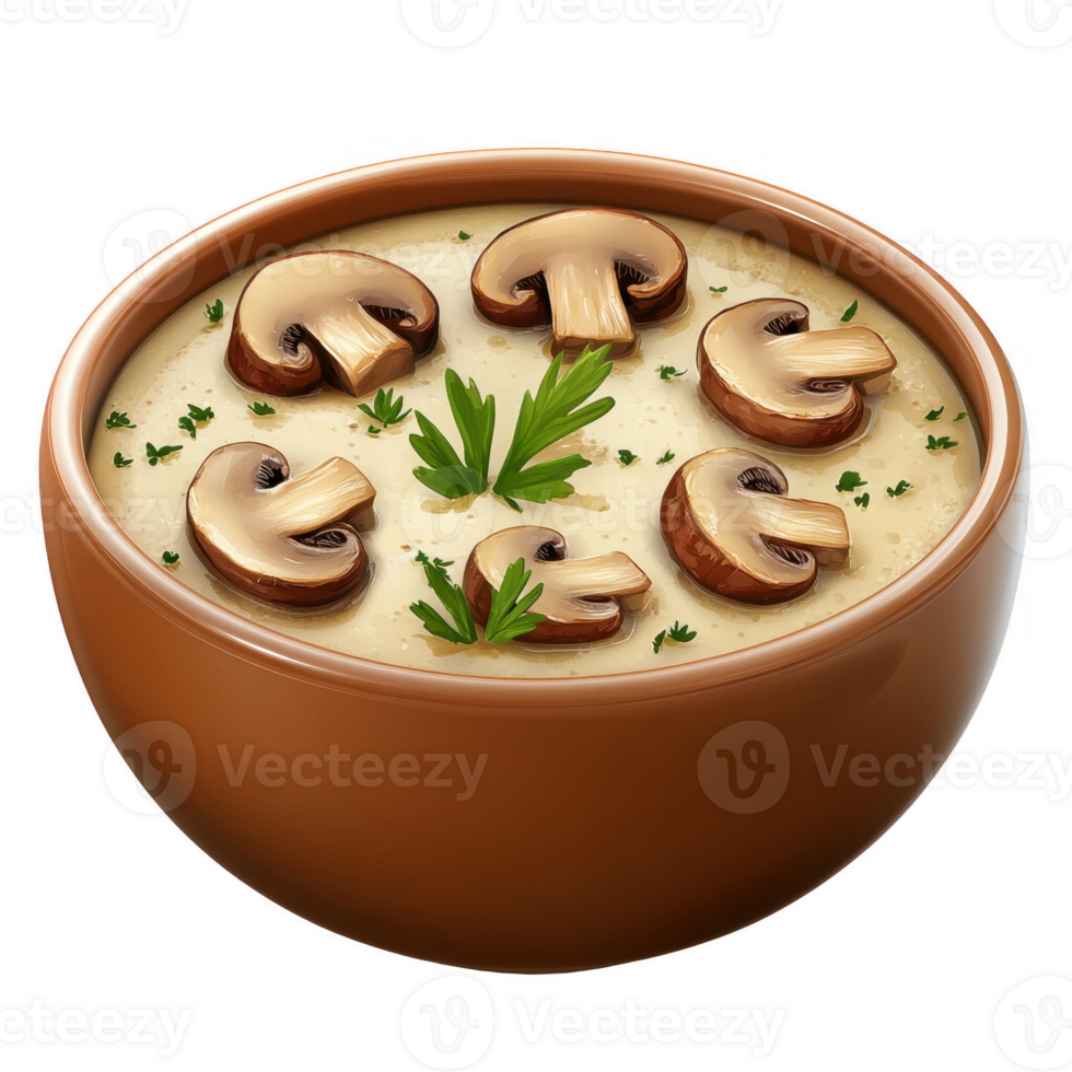 Delicious creamy mushroom soup served in a rustic bowl, garnished with fresh herbs. png