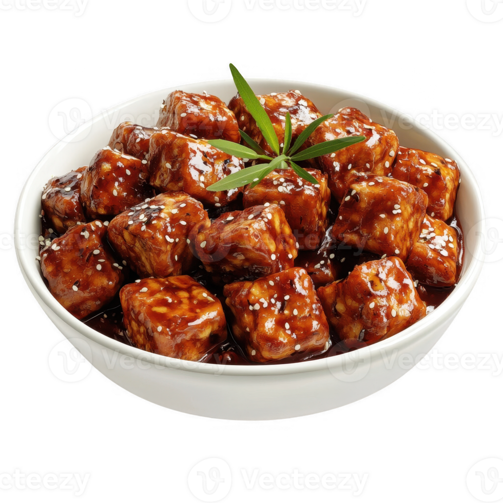 Delicious bowl of glazed tofu cubes garnished with sesame seeds and herbs. png