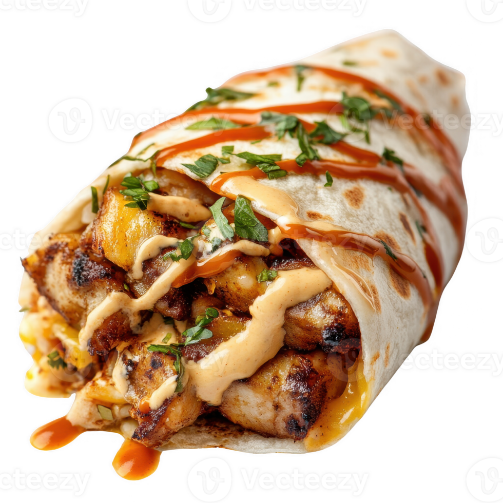 Delicious grilled chicken wrap with sauce and herbs, perfect for a quick meal. png