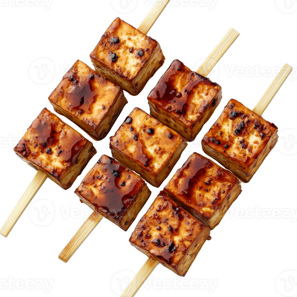 Delicious grilled tofu skewers glazed with a savory sauce, perfect for any meal. png