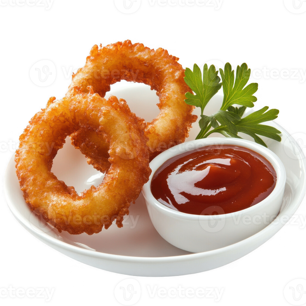 Delicious crispy onion rings served with tangy ketchup on a white plate. png