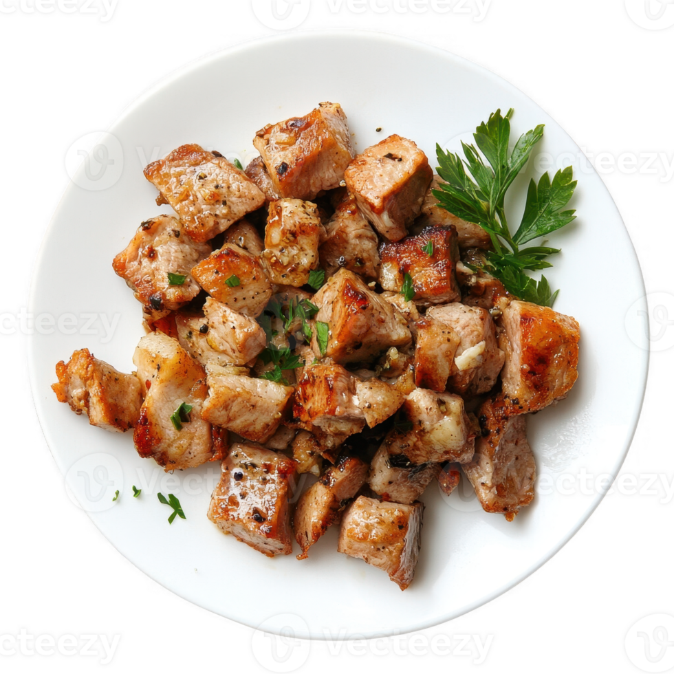 Delicious grilled chicken bites garnished with herbs on a white plate. png
