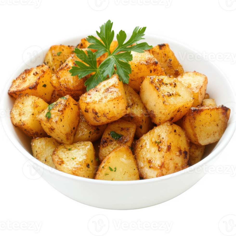 Delicious golden roasted potatoes garnished with fresh parsley in a bowl. png