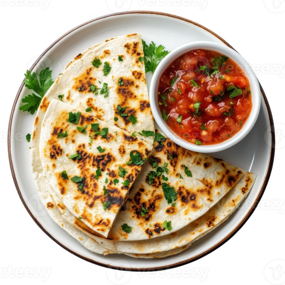 Delicious plate of golden tortilla quesadillas served with fresh salsa and cilantro. png