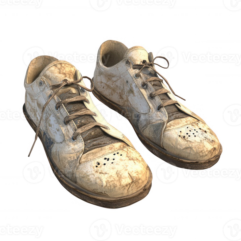 Worn-out sneakers reflecting a journey of adventures and experiences. png